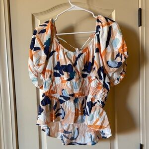 Skies Are Blue Abstract Orange and Blue Blouse